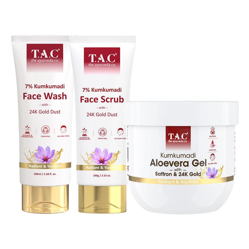 TAC - The Ayurveda Co. 7% Kumkumadi Face Wash + Face Scrub + Aloevera Gel For Radiant Skin