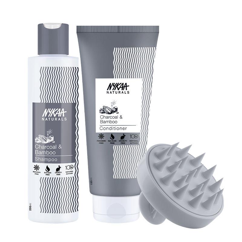 Nykaa Naturals Activated Charcoal & Bamboo Shampoo, Conditioner, Scalp Massager Combo