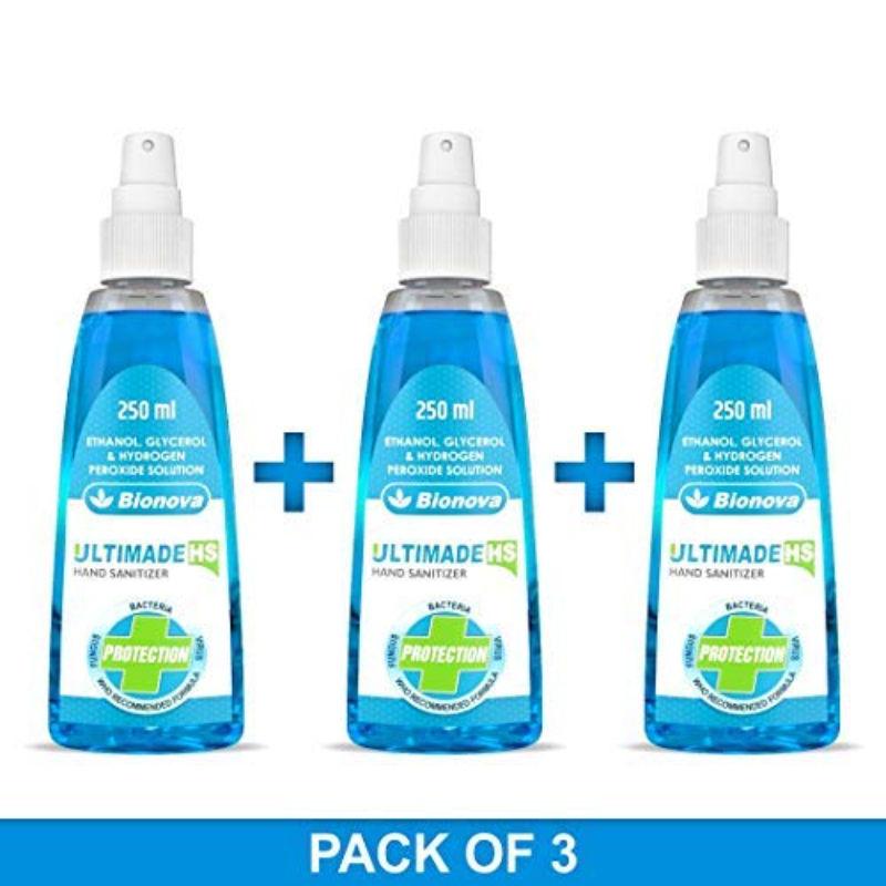 Bionova Ultimade HS 80% Alcohol Liquid Base Hand Sanitizer with Spray Pump (Pack of 3, 250ml Each)