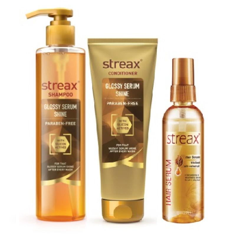 Streax Glossy Serum Shine Shampoo + Conditioner + Walnut Serum