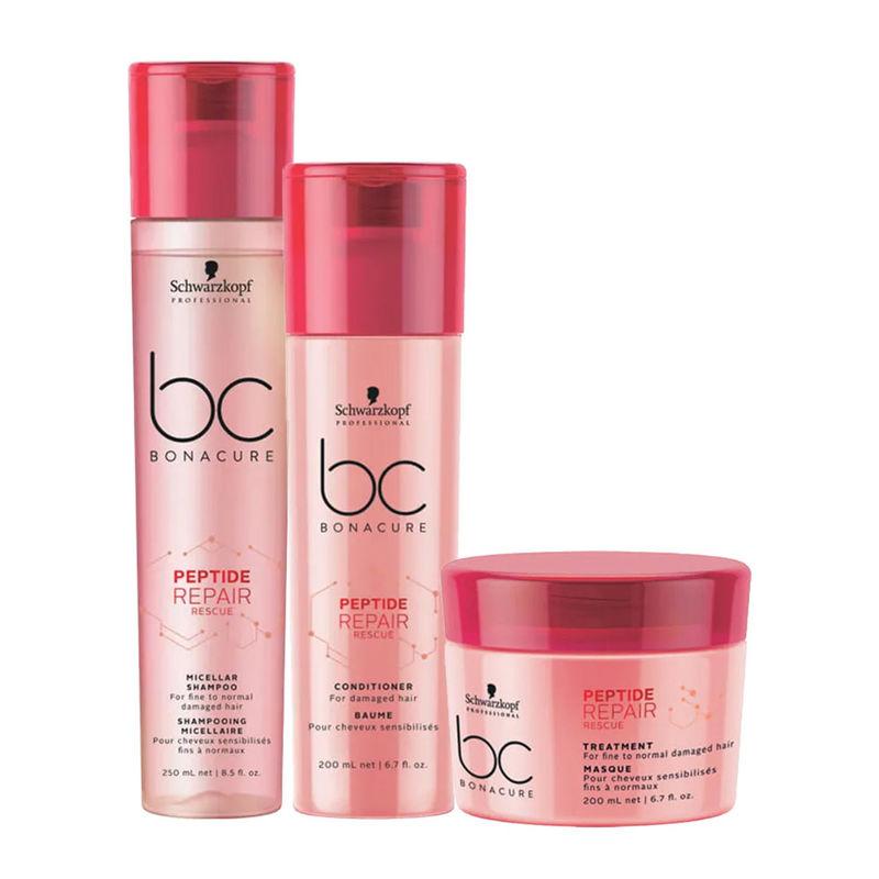 Schwarzkopf Professional Bonacure Peptide Repair Rescue Micellar Shampoo + Conditioner + Treatment - For Dry & Damaged Hair