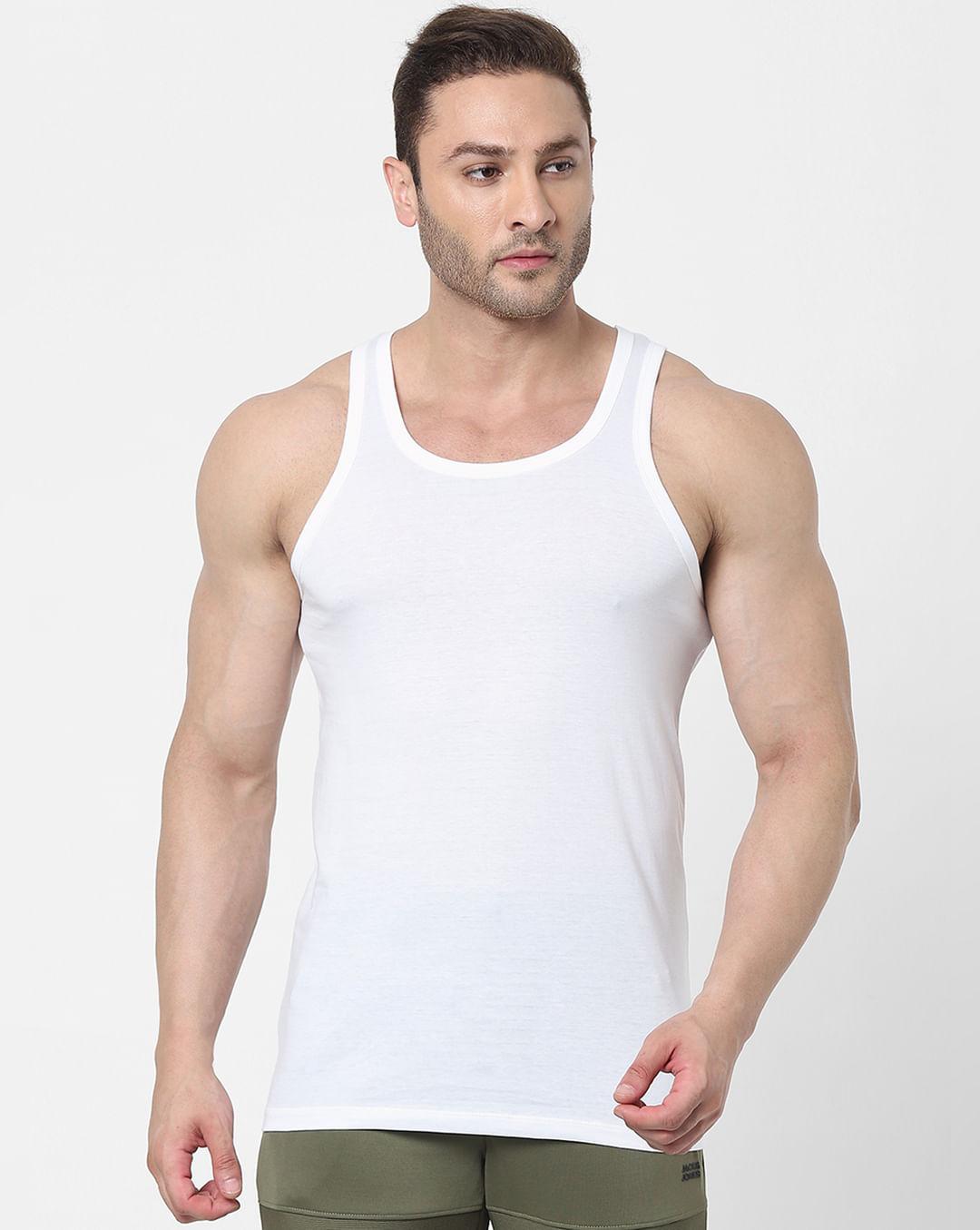 White Solid Cotton Vest - Pack of 2