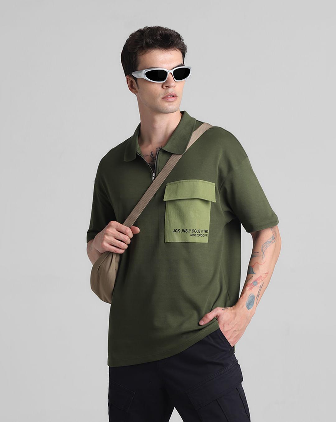 Green Zip-Up Oversized Polo T-shirt