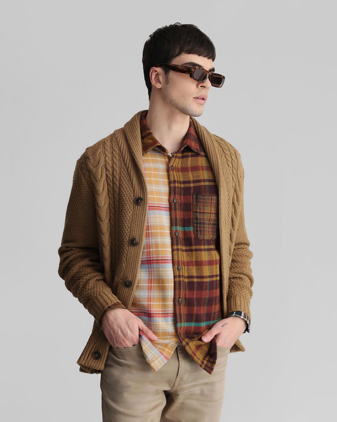 brown-knit-shawl-neck-cardigan