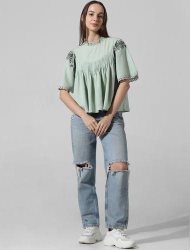green-embroidered-flared-top