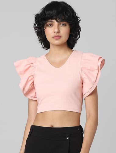coral-frill-sleeves-crop-top