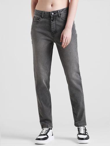 Black Mid Rise Light Washed Straight Fit Jeans