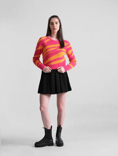Pink Colourblocked Jacquard Knit Pullover