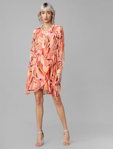 peach-abstract-print-fit-&-flare-dress