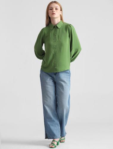 Green Puff Sleeves Textured Shirt