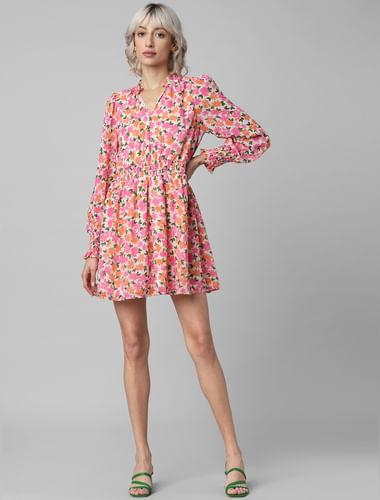 cream-&-pink-floral-chiffon-mini-dress