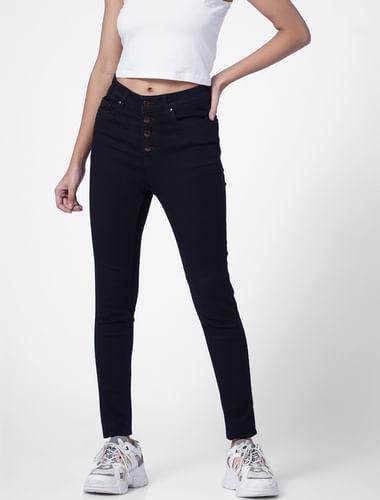Black High Rise Button Detail Skinny Jeans