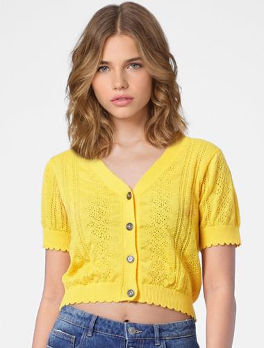 Yellow Pointelle-Knit Cropped Cardigan