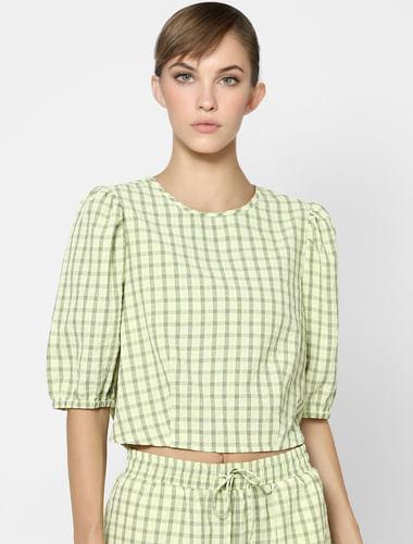 green-check-puff-sleeve-top