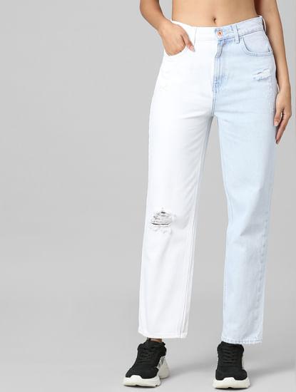Blue High Rise Colourblocked Straight Fit Jeans