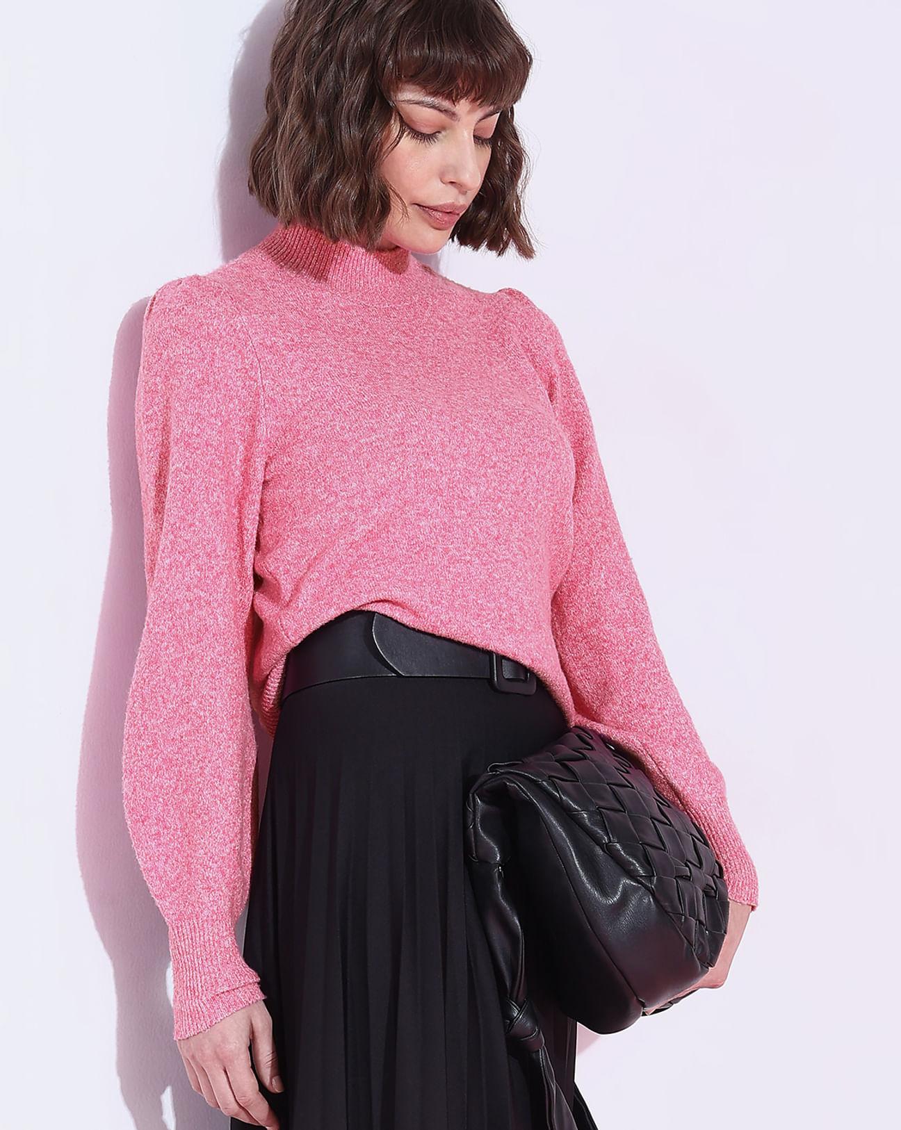 pink-high-neck-melange-yarn-pullover