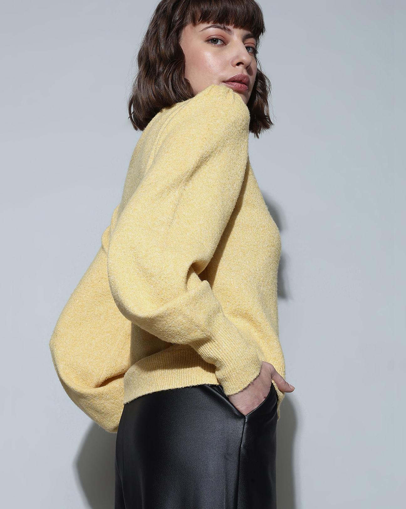 Yellow High Neck Melange Yarn Pullover