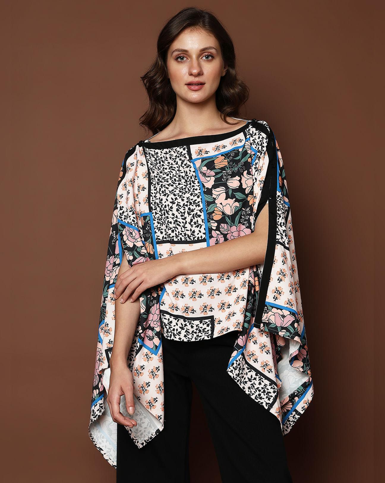 Beige Printed Multi-Style Poncho Top