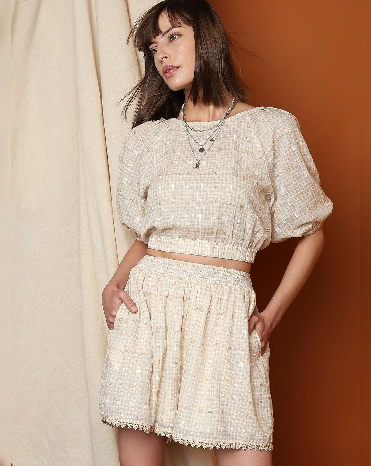 Beige Check Cropped Co-ord Set Top