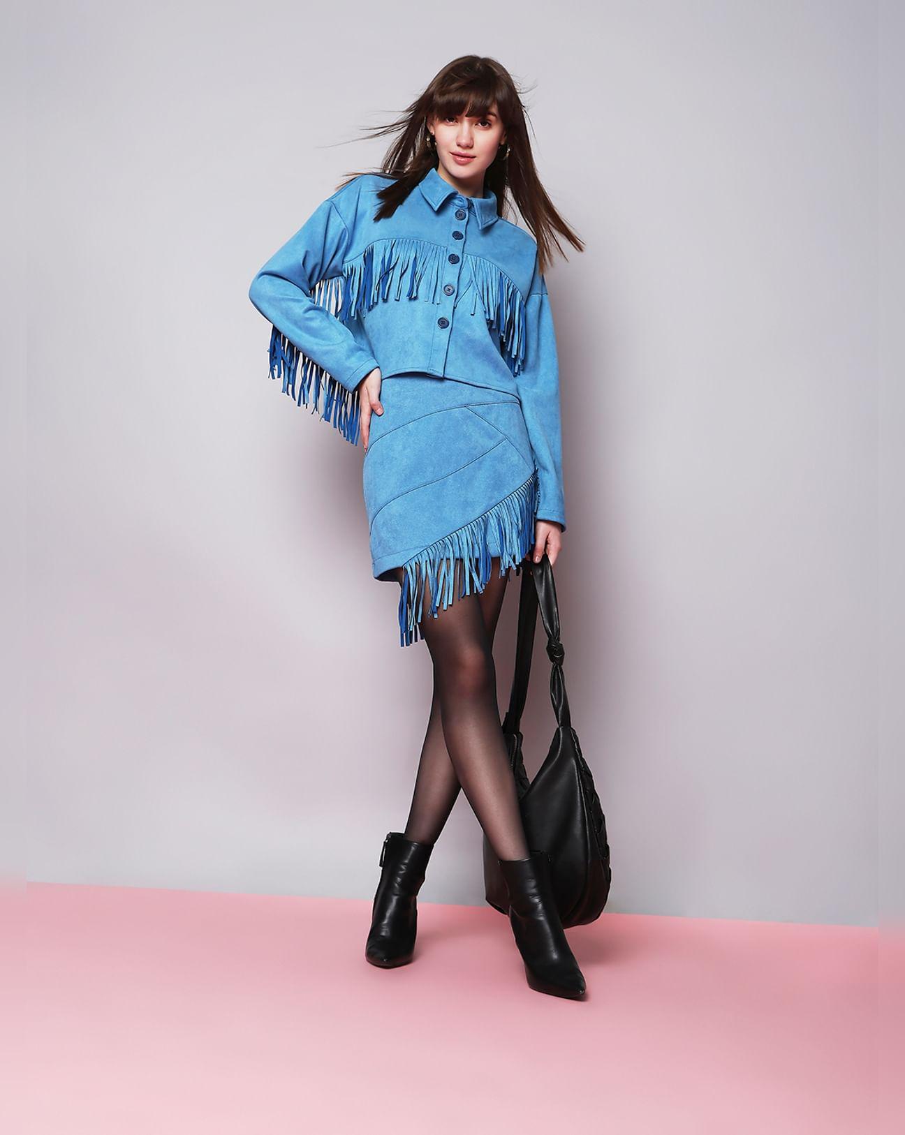 blue-high-rise-fringe-detail-mini-skirt