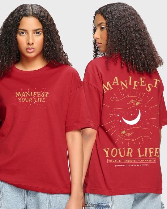 Women's Red Manifest Your Life Graphic Printed Oversized T-shirt