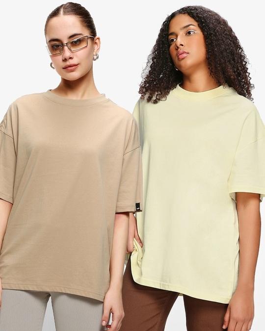 Pack of 2 Women's Brown & Off White Oversized T-shirt
