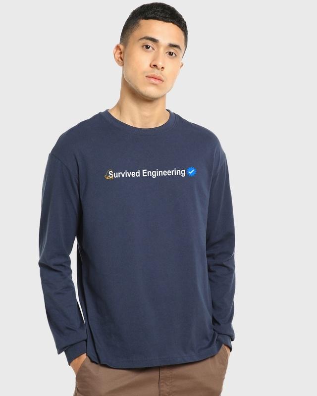 Men's Blue Survived Engineering Typography Oversized T-shirt