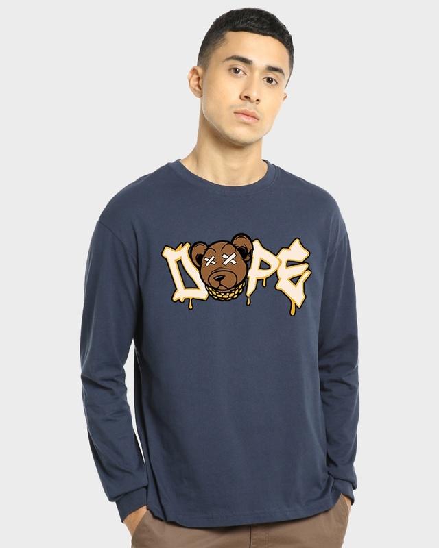 Men's Blue Dope Bear Typography Oversized T-shirt