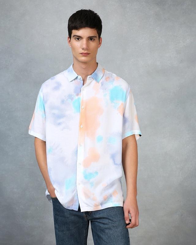 Men's White & Blue Tie & Dye Oversized Shirt