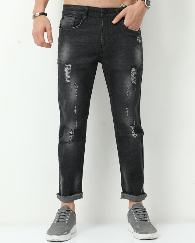 Men's Black Distressed Slim Fit Jeans