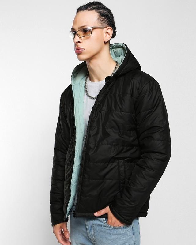 Men's Black Green & Black Reversible Plus Size Oversized Puffer Jacket