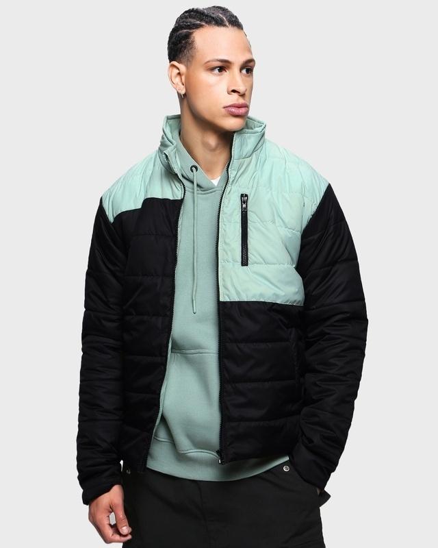 Men's Black & Sage Color Block Oversized Puffer Jacket