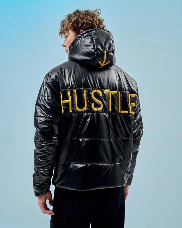 Men's Black Shine Hustle Typography Oversized Jacket