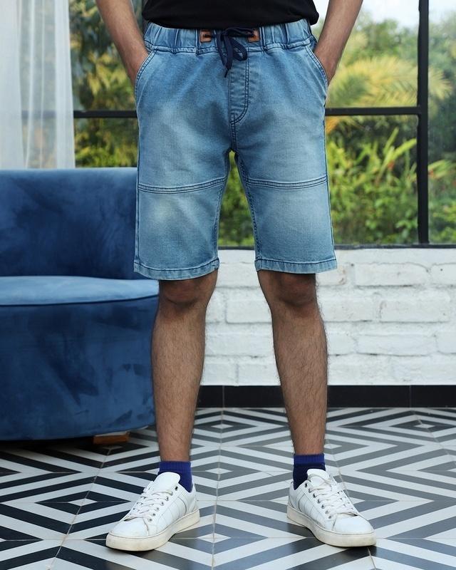 Men's Blue Washed Contrast Stitch Denim Shorts