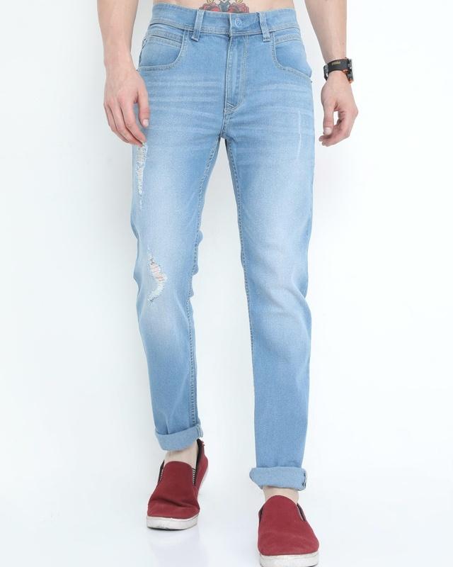 Men's Blue Washed Slim Fit Distressed Jeans