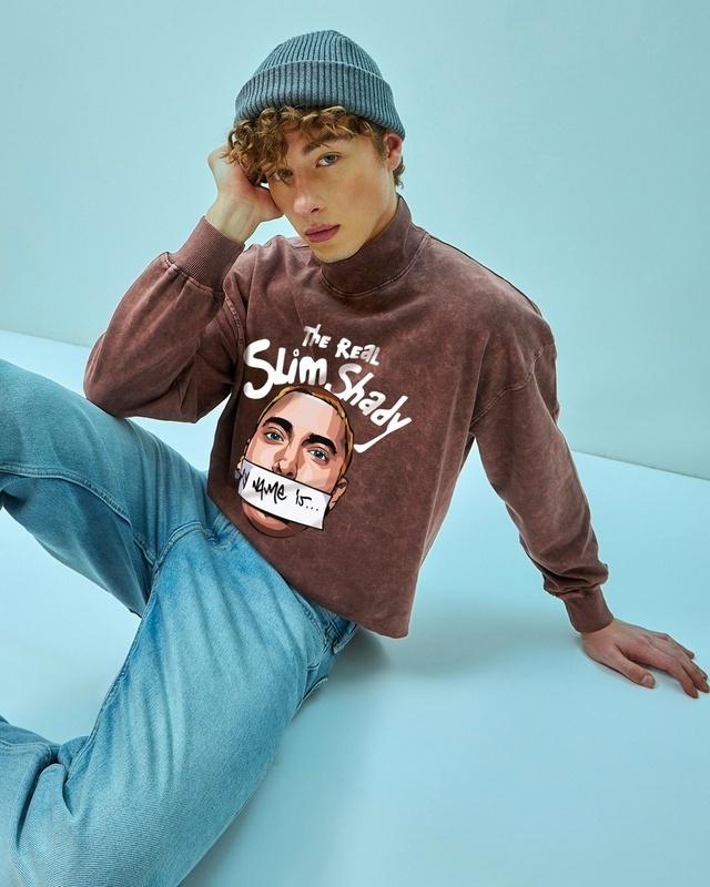 Men's Maroon Real Slim Shady Graphic Printed Oversized Sweatshirt