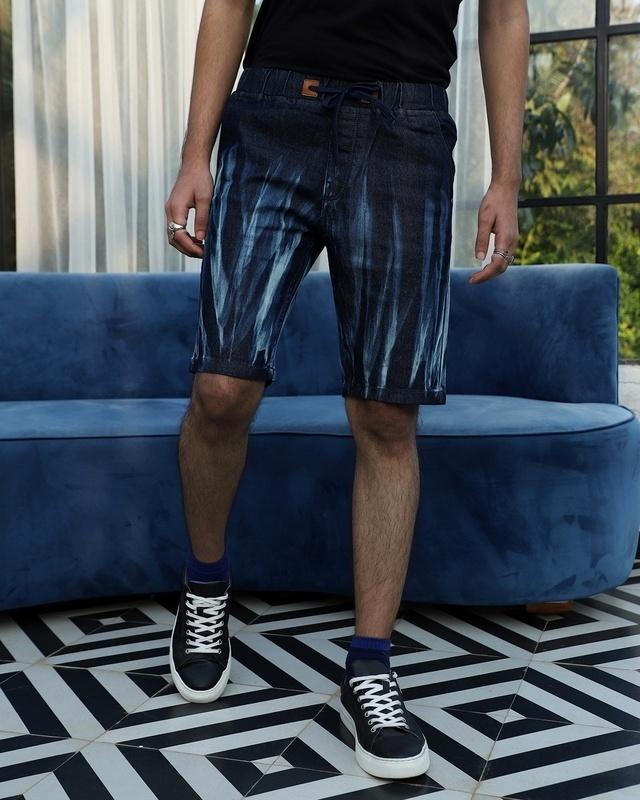 Men's Navy Blue Contrast Washed Denim Shorts