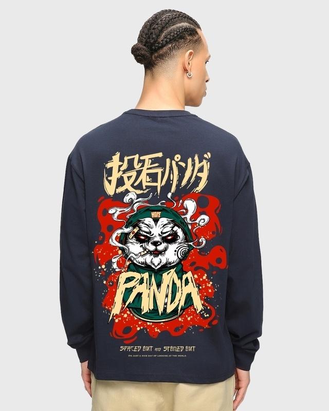 Men's Navy Blue Stoned Panda Graphic Printed Oversized T-shirt