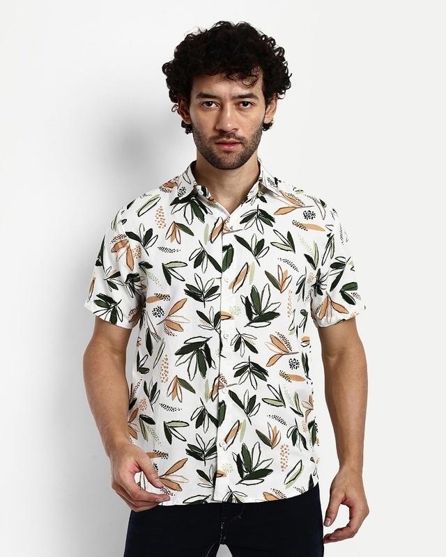 Men's White All Over Leaf Printed Shirt