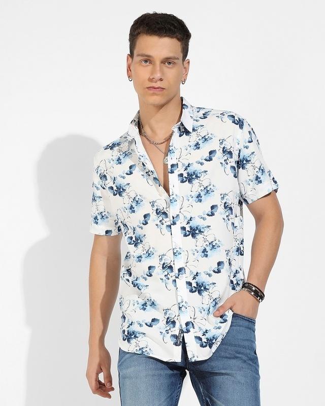 Men's White & Blue All Over Floral Printed Shirt