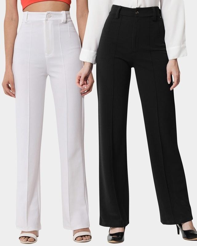 Pack of 2 Women's White & Black Straight Fit Trousers