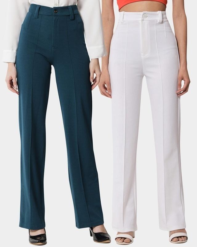 Pack of 2 Women's Green & White Straight Fit Trousers