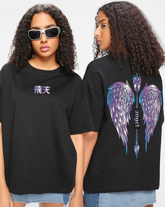Women's Black Angle Wings Graphic Printed Oversized T-shirt