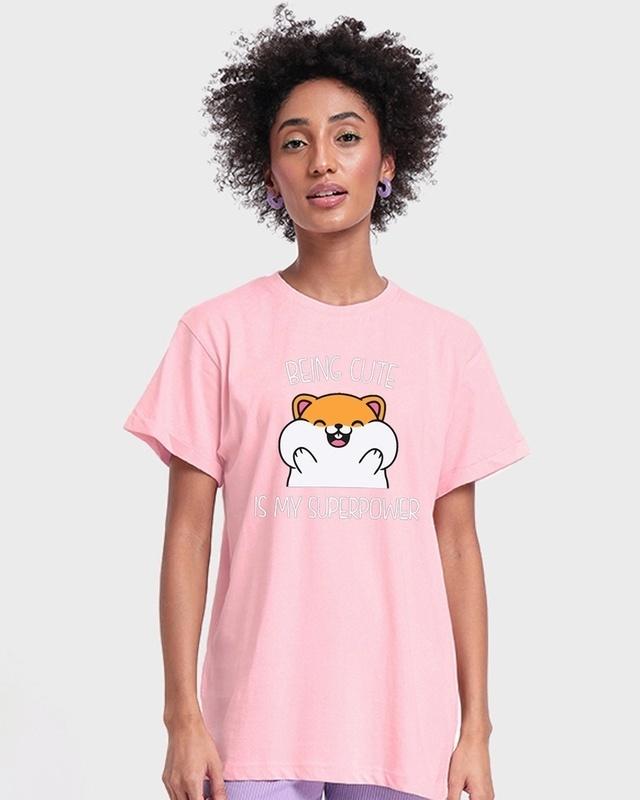 women's-pink-being-cute-is-my-super-power-graphic-printed-boyfriend-t-shirt