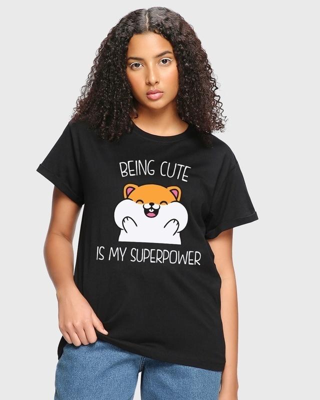 Women's Black Being Cute Is My Superpower Graphic Printed Boyfriend T-shirt