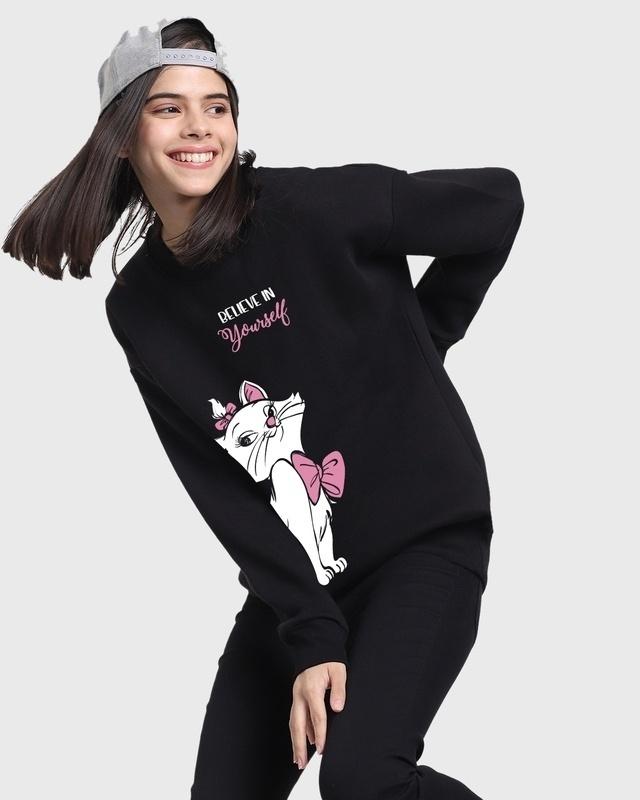 Women's Black Believe In Yourself Cat Graphic Printed Oversized Sweatshirt