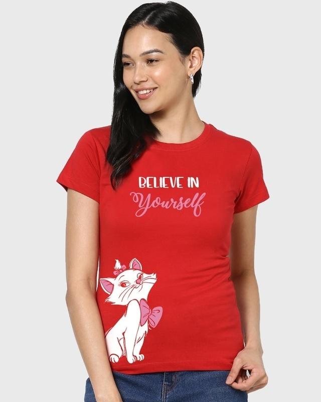 Women's Red Believe Cat Graphic Printed T-shirt