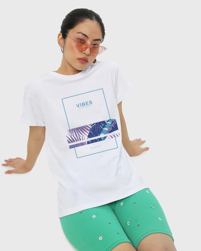 Women's White Blue Vibes Graphic Printed Boyfriend T-shirt