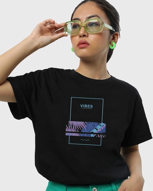 Women's Black Blue Vibes Graphic Printed Boyfriend T-shirt