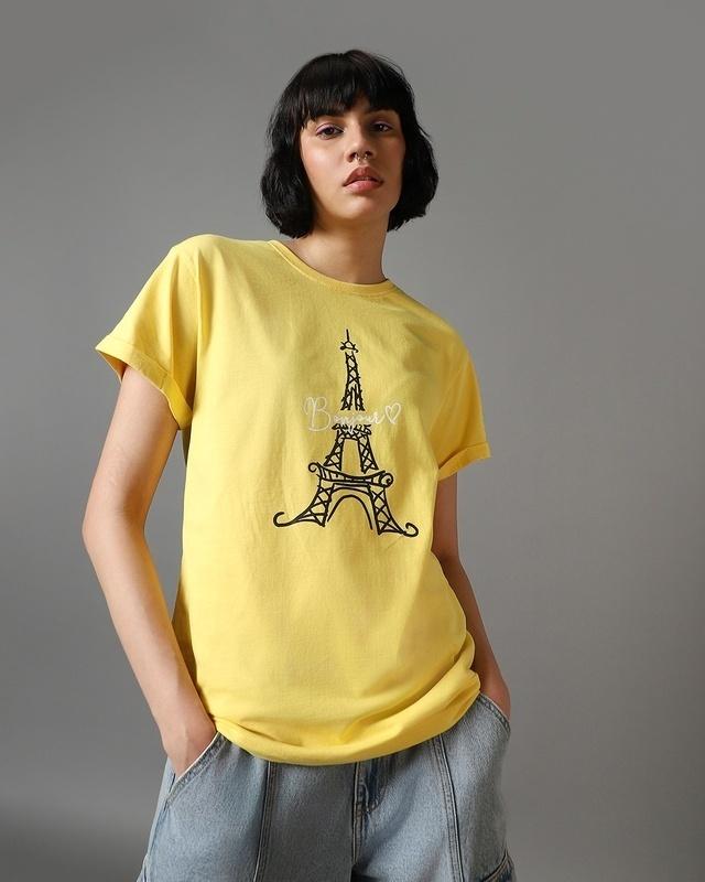 Women's Yellow Bonjour Paris Graphic Printed Boyfriend T-shirt